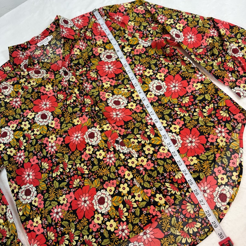 Molly Bracken Button Down Blouse Green Red Floral Print Puff Sleeve Boho - Picture 8 of 9